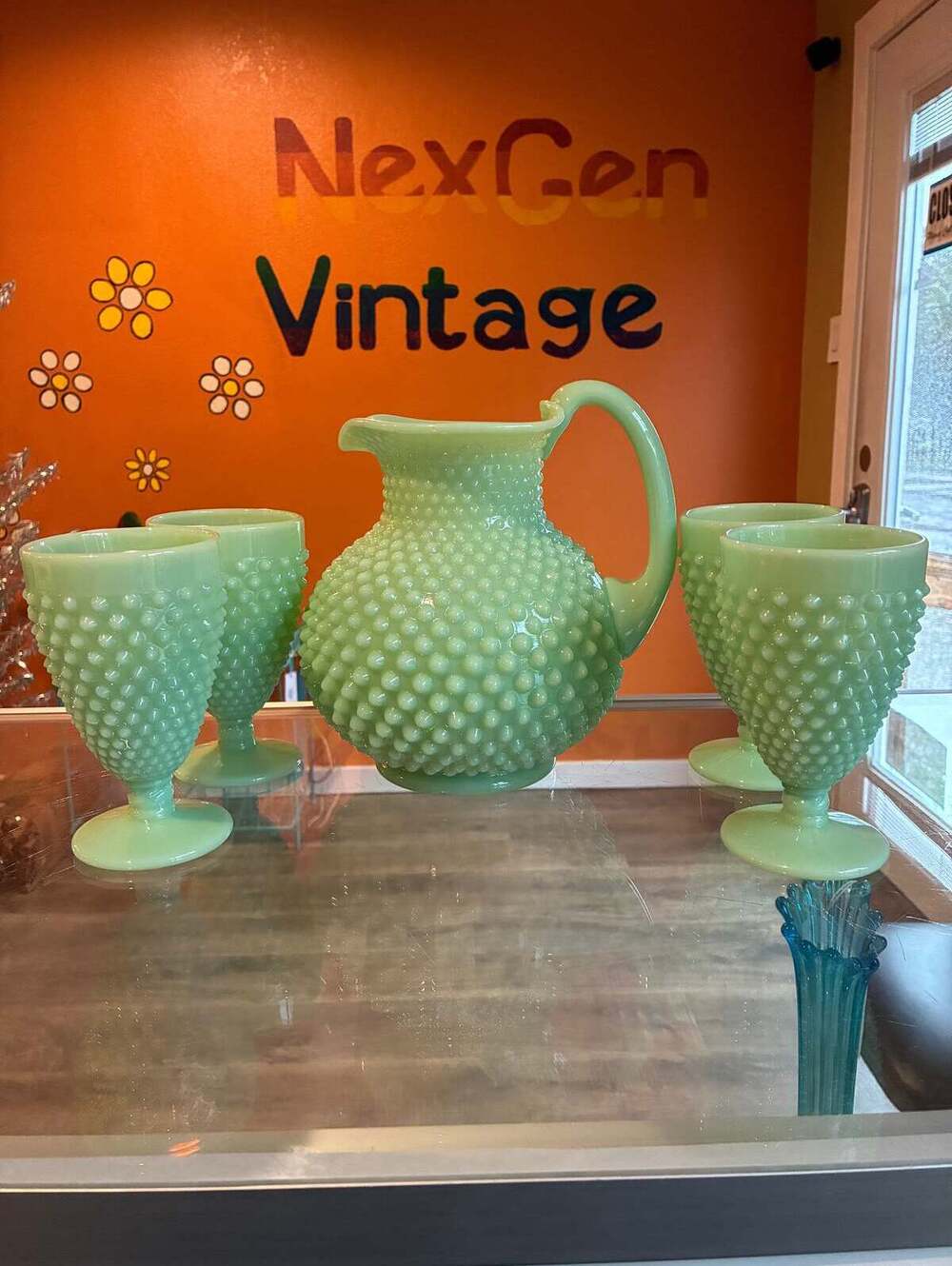 Mosser Jadeite Hobnail Pitcher & 4 Goblets Set 70 oz Vintage Style